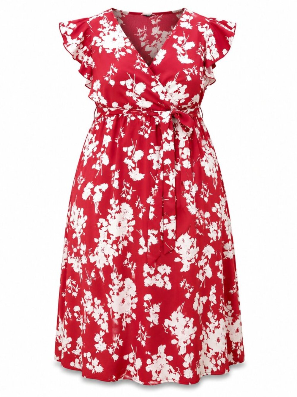 Anna Kaci Red Floral Wrap Dress with Tie Waist